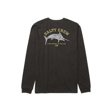 Camiseta negra de manga larga Salty Crew Bill Fishing LS Tee con estampado de pez vela en la espalda y texto 'Find Refuge in the Sea.