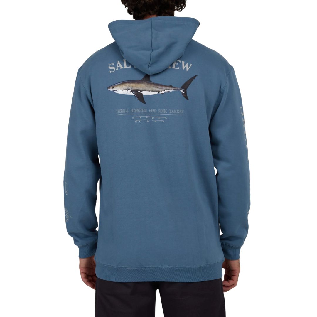 Sudadera con capucha Salty Crew Bruce Hood Fleece color slate vista trasera con gran ilustración de tiburón y logo Salty Crew en la espalda.
