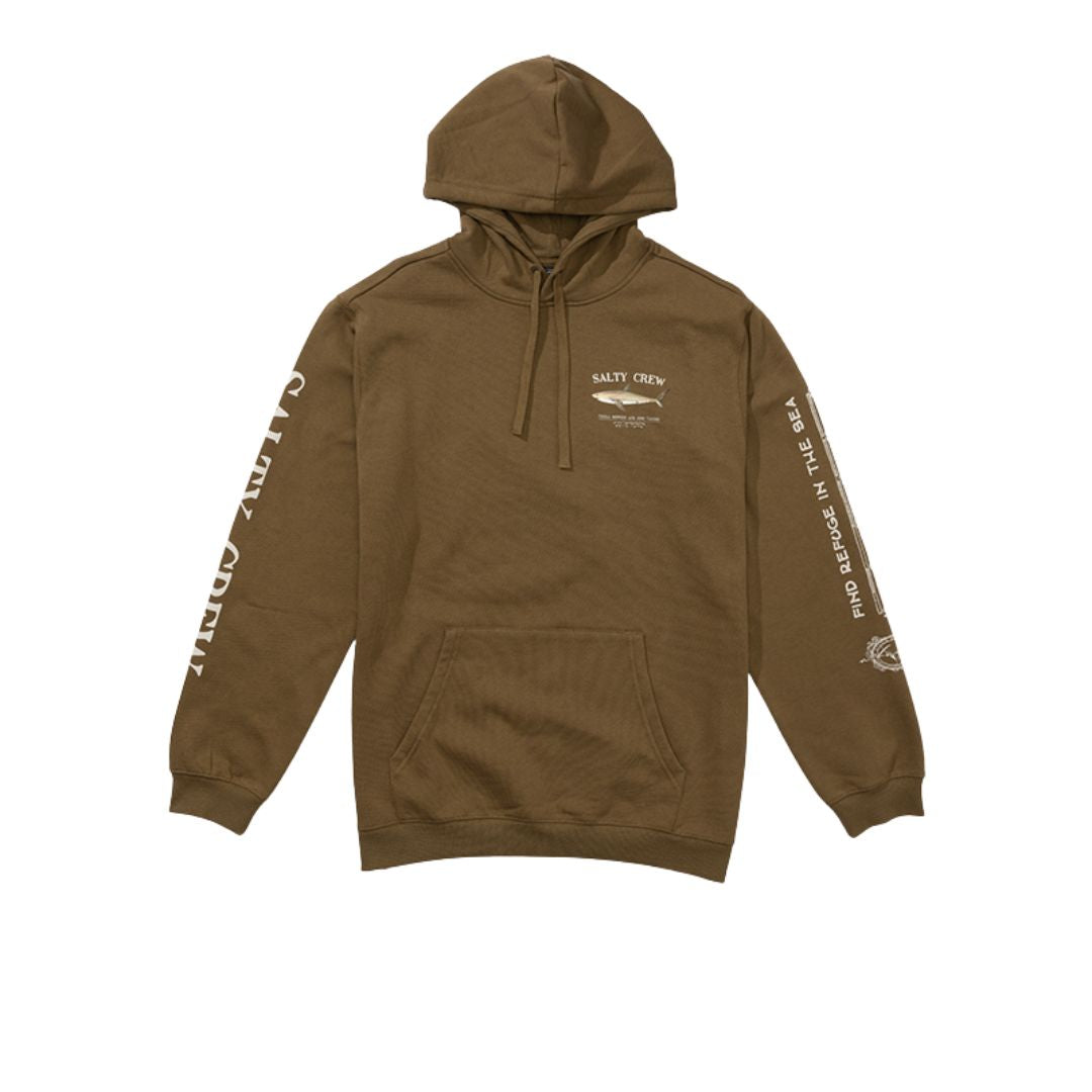 Sudadera Salty Crew Bruce Hood Fleece en color teak, con capucha, bolsillo canguro y estampados blancos en pecho y mangas.