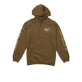 Sudadera Salty Crew Bruce Hood Fleece en color teak, con capucha, bolsillo canguro y estampados blancos en pecho y mangas.