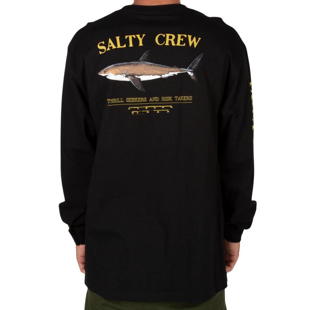 Camiseta Salty Crew Bruce LS Tee color negro vista trasera con gran ilustración de tiburón, logo Salty Crew y gráficos en las mangas.