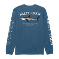 Camiseta Salty Crew Bruce LS Tee color cast blue vista trasera con gran ilustración de tiburón, logo Salty Crew y gráficos en las mangas.