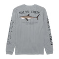 Camiseta Salty Crew Bruce LS Tee color quarry gris claro vista trasera con gran ilustración de tiburón, logo Salty Crew y gráficos en las mangas.
