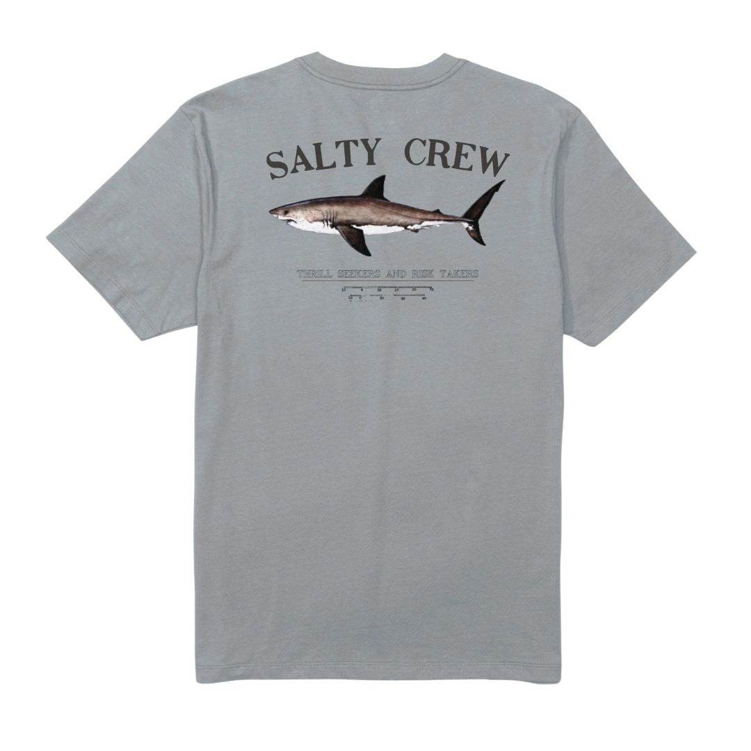 Parte trasera de la camiseta Salty Crew Bruce S/S Tee Quarry con gran estampado de tiburón Salty Crew.