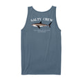 Camiseta sin mangas Salty Crew Bruce Tank color slate azul grisáceo vista trasera con gran ilustración de tiburón y texto Salty Crew.