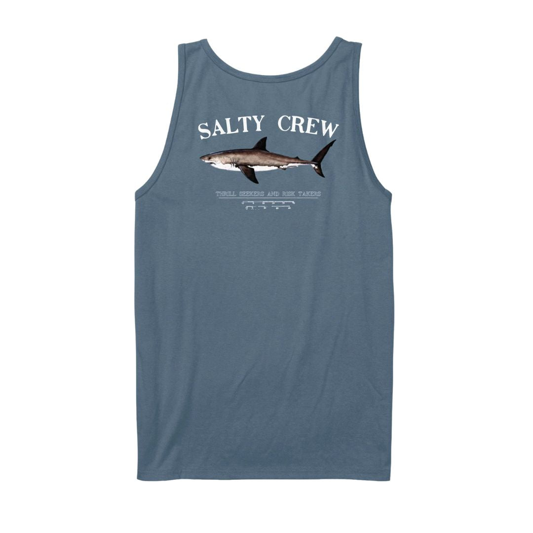 Camiseta sin mangas Salty Crew Bruce Tank color slate azul grisáceo vista trasera con gran ilustración de tiburón y texto Salty Crew.
