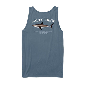 Camiseta sin mangas Salty Crew Bruce Tank color slate azul grisáceo vista trasera con gran ilustración de tiburón y texto Salty Crew.