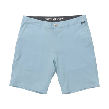 Pantalón corto Salty Crew Drifter 19" Hybrid en color azul claro (Mineral Blue); diseño técnico de secado rápido con cierre de botón y bolsillos laterales.