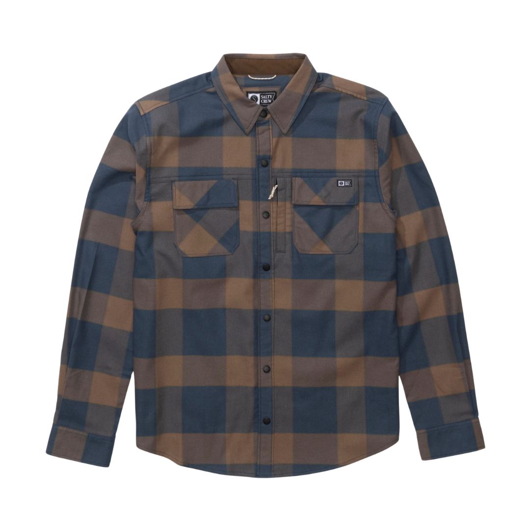 Camisa Salty Crew Fathom en azul marino y óxido, plano de producto de frente, con el doble bolsillo de pecho, los botones de presión y el cuello de contraste en ripstop.