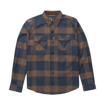 Camisa Salty Crew Fathom en azul marino y óxido, plano de producto de frente, con el doble bolsillo de pecho, los botones de presión y el cuello de contraste en ripstop.