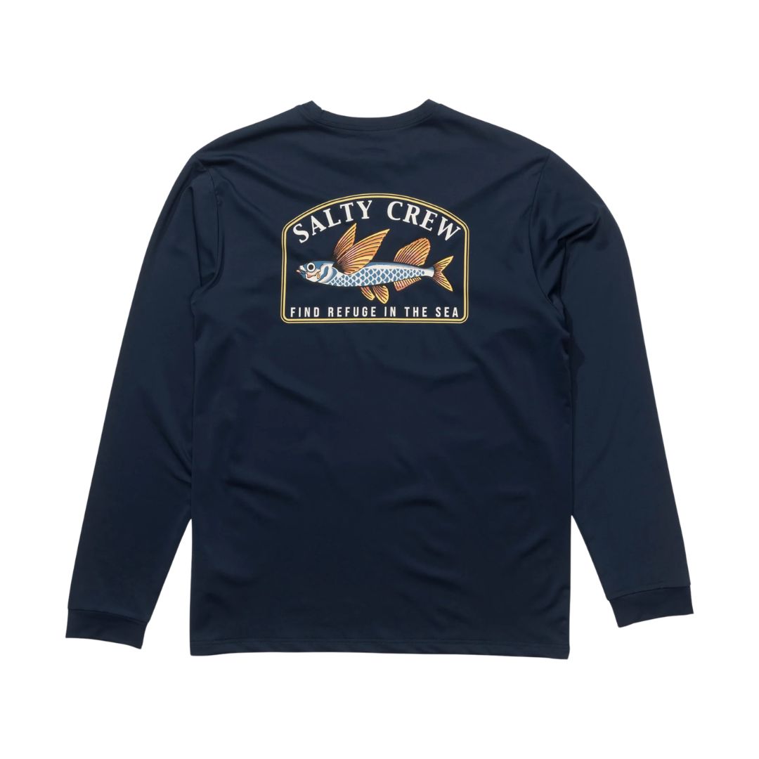 Camiseta técnica Salty Crew Fly Home LS Sunshirt color navy vista trasera con gran gráfico de pez volador y logo Salty Crew Find Refuge in the Sea.