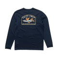 Camiseta técnica Salty Crew Fly Home LS Sunshirt color navy vista trasera con gran gráfico de pez volador y logo Salty Crew Find Refuge in the Sea.
