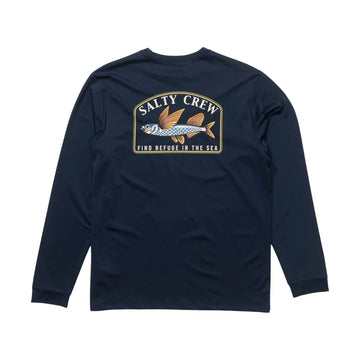 Camiseta técnica Salty Crew Fly Home LS Sunshirt color navy vista trasera con gran gráfico de pez volador y logo Salty Crew Find Refuge in the Sea.