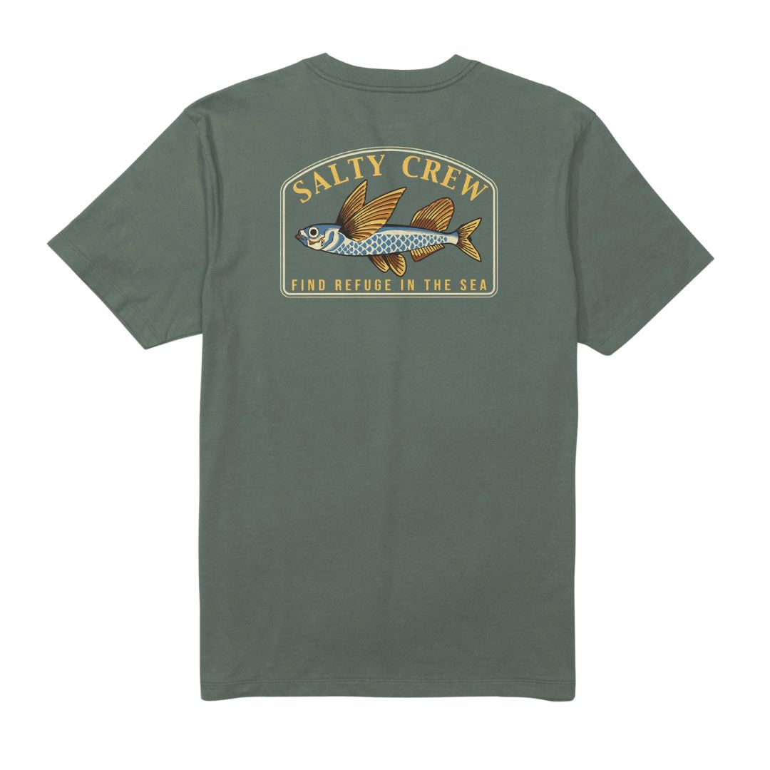 Estampado trasero de la camiseta Salty Crew Fly Home color verde, mostrando un pez volador detallado y el texto "Salty Crew - Find Refuge in the Sea".