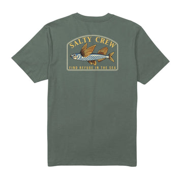 Estampado trasero de la camiseta Salty Crew Fly Home color verde, mostrando un pez volador detallado y el texto "Salty Crew - Find Refuge in the Sea".