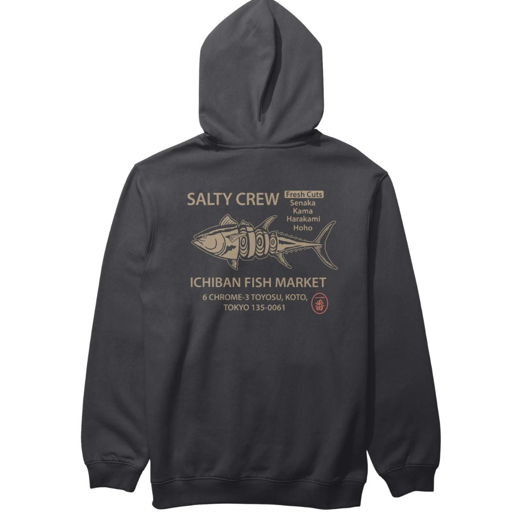 Sudadera con capucha Salty Crew Ichiban Fleece color negro vista trasera con gran gráfico de pez estilo mercado japonés y texto Ichiban Fish Market.