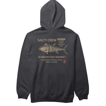 Sudadera con capucha Salty Crew Ichiban Fleece color negro vista trasera con gran gráfico de pez estilo mercado japonés y texto Ichiban Fish Market.