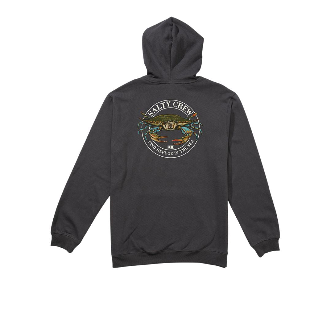 Sudadera con capucha Salty Crew Jimmy Fleece en color charcoal, vista trasera con estampado circular de cangrejo y lema 'Find Refuge in the Sea.