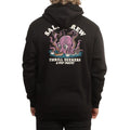 Modelo de espaldas con la sudadera Salty Crew Kraken Monster en negro, luciendo el estampado completo del kraken atacando un barco junto al texto Thrill Seekers & Risk Takers.