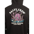 Modelo con la capucha puesta de la sudadera Salty Crew Kraken Monster en negro, mostrando el gráfico del kraken en la parte alta de la espalda junto al cordón de la capucha.