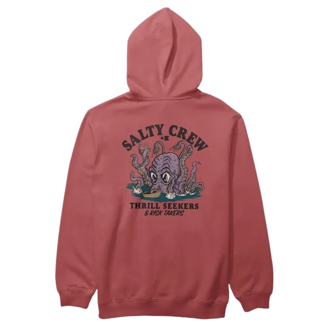 Sudadera Salty Crew Kraken Monster en rojo lavado, luciendo el estampado completo del kraken atacando un barco junto al texto Thrill Seekers & Risk Takers.