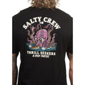 Primer plano de la espalda de la camiseta Salty Crew Kraken Monster en negro, mostrando el estampado del kraken atacando un barco y el texto Thrill Seekers & Risk Takers.