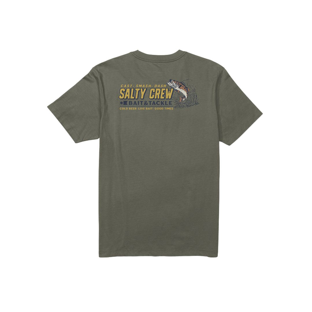 Camiseta dusty olive Salty Crew Live Bait SS Tee vista trasera con estampado gráfico de pez saltando y texto Bait & Tackle.