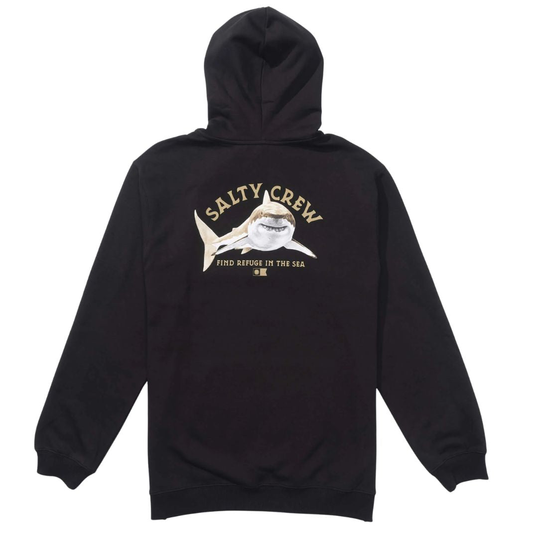 Sudadera Salty Crew Lurking Fleece negra, vista trasera, con gráfico serigrafiado de tiburón y texto "Find Refuge in the Sea".