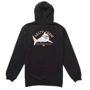 Sudadera Salty Crew Lurking Fleece negra, vista trasera, con gráfico serigrafiado de tiburón y texto "Find Refuge in the Sea".