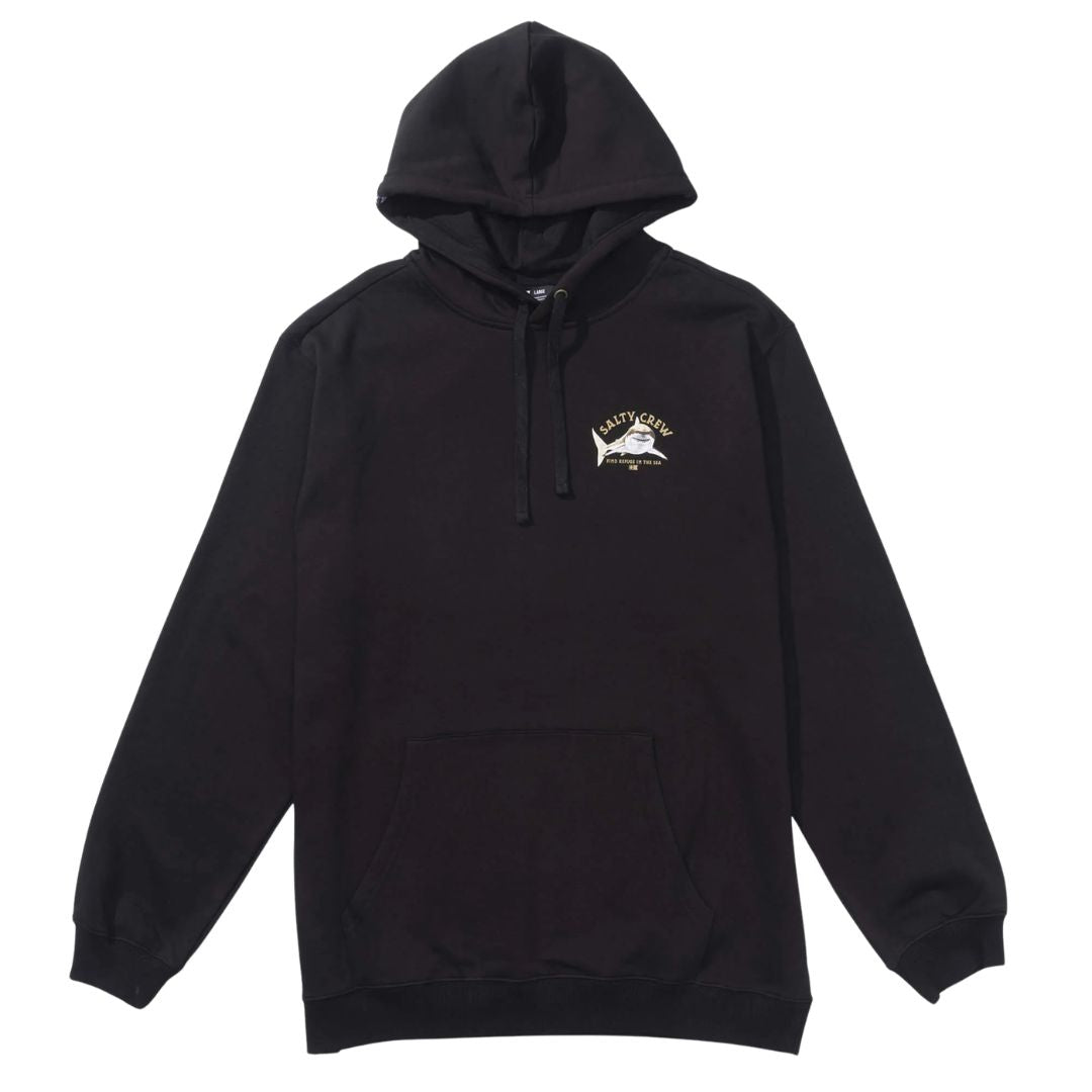 Sudadera Salty Crew Lurking Fleece negra, vista frontal, con capucha ajustable y gráfico discreto de tiburón en el pecho.