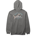 Sudadera Salty Crew Lurking Fleece gris, vista trasera, con gráfico serigrafiado de tiburón y texto 