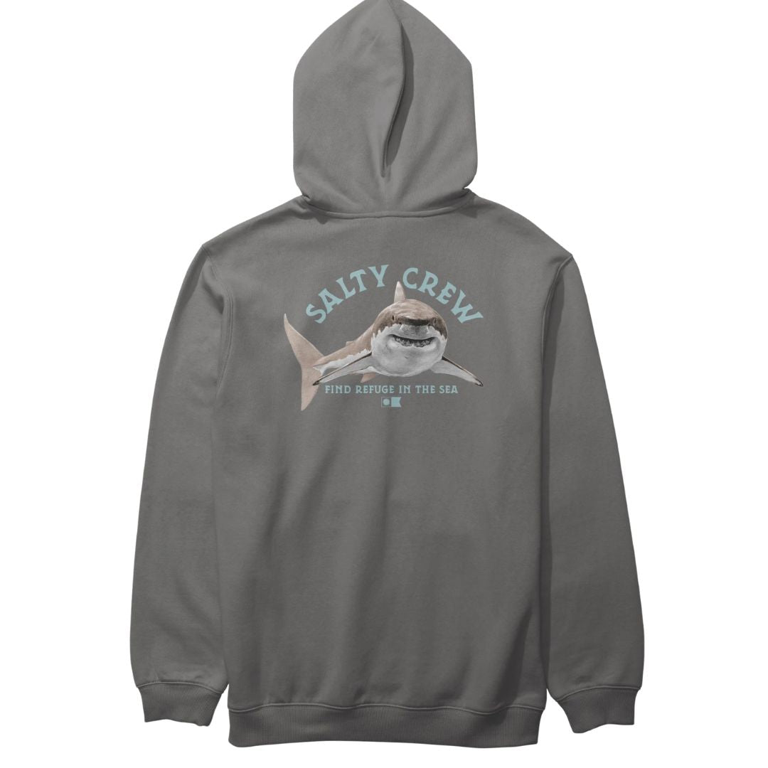Sudadera Salty Crew Lurking Fleece gris, vista trasera, con gráfico serigrafiado de tiburón y texto "Find Refuge in the Sea".