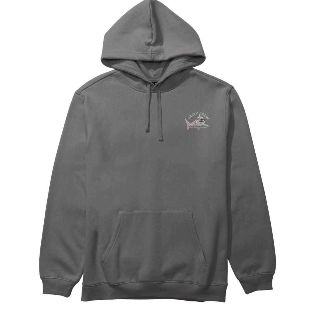 Sudadera Salty Crew Lurking Fleece gris, vista frontal, con capucha ajustable y gráfico discreto de tiburón en el pecho.