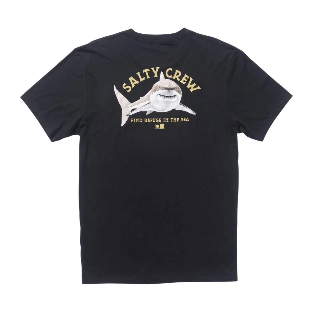 Camiseta Salty Crew Lurking S/S Tee color negro vista trasera con gran ilustración de tiburón y logo Salty Crew con texto Find Refuge in the Sea.