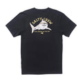 Camiseta Salty Crew Lurking S/S Tee color negro vista trasera con gran ilustración de tiburón y logo Salty Crew con texto Find Refuge in the Sea.