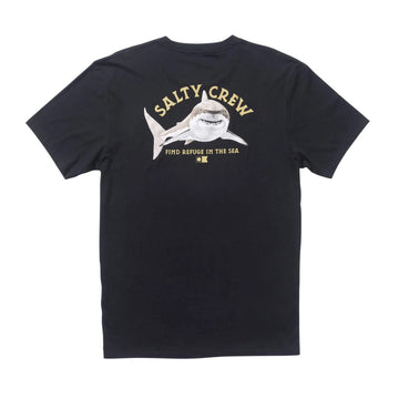 Camiseta Salty Crew Lurking S/S Tee color negro vista trasera con gran ilustración de tiburón y logo Salty Crew con texto Find Refuge in the Sea.