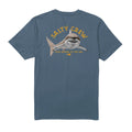 Camiseta Salty Crew Lurking S/S Tee color slate azul grisáceo vista trasera con ilustración grande de tiburón y logo Salty Crew inspirado en la cultura de pesca.