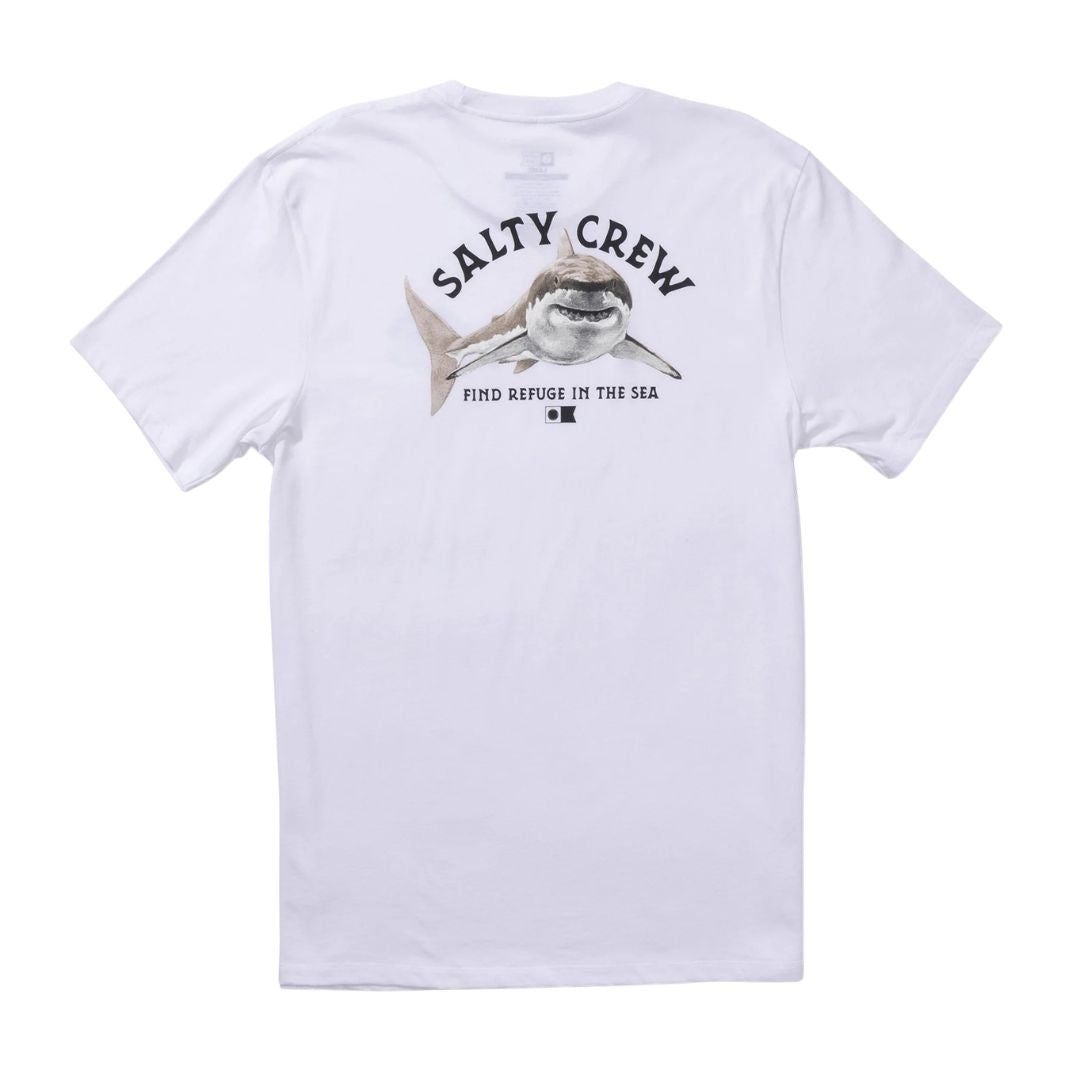 Camiseta Salty Crew Lurking SS Tee blanca, vista trasera, con gráfico grande de tiburón y texto "Find Refuge in the Sea".