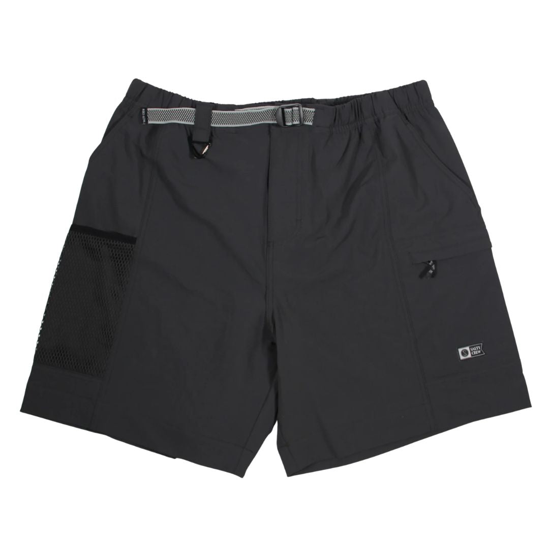 Salty Crew Net Walshort pantalones cortos hombre color pirate black con cinturón integrado ajustable, tejido técnico elástico, bolsillo lateral de rejilla y bolsillo trasero, estilo surf cómodo y funcional.