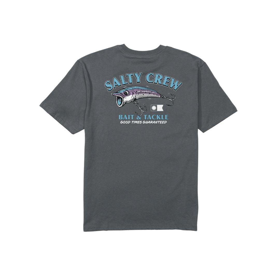 Camiseta charcoal Salty Crew Snag It Classic SS Tee vista trasera con gráfico grande de pez y texto Bait & Tackle.