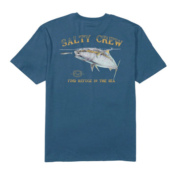 Camiseta Salty Crew Surface Classic S/S Tee color cast blue vista trasera con gran ilustración de pez y logo Salty Crew con texto Find Refuge in the Sea.