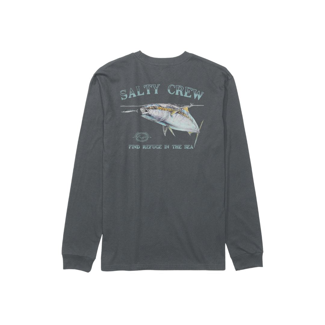 Camiseta Salty Crew Surface LS Tee en color charcoal, vista trasera con estampado de atún y texto 'Find Refuge in the Sea'.