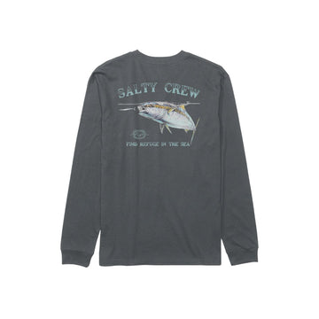 Camiseta Salty Crew Surface LS Tee en color charcoal, vista trasera con estampado de atún y texto 'Find Refuge in the Sea'.