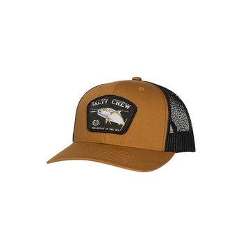 Gorra Salty Crew Surface Retro Trucker en color camel y negro con parche bordado de pez en el frontal.