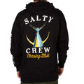 Modelo visto de espaldas con la sudadera Salty Crew Tailed en negro, mostrando la ilustración completa del marlín y el texto Chasing Tail serigrafiado en la espalda.