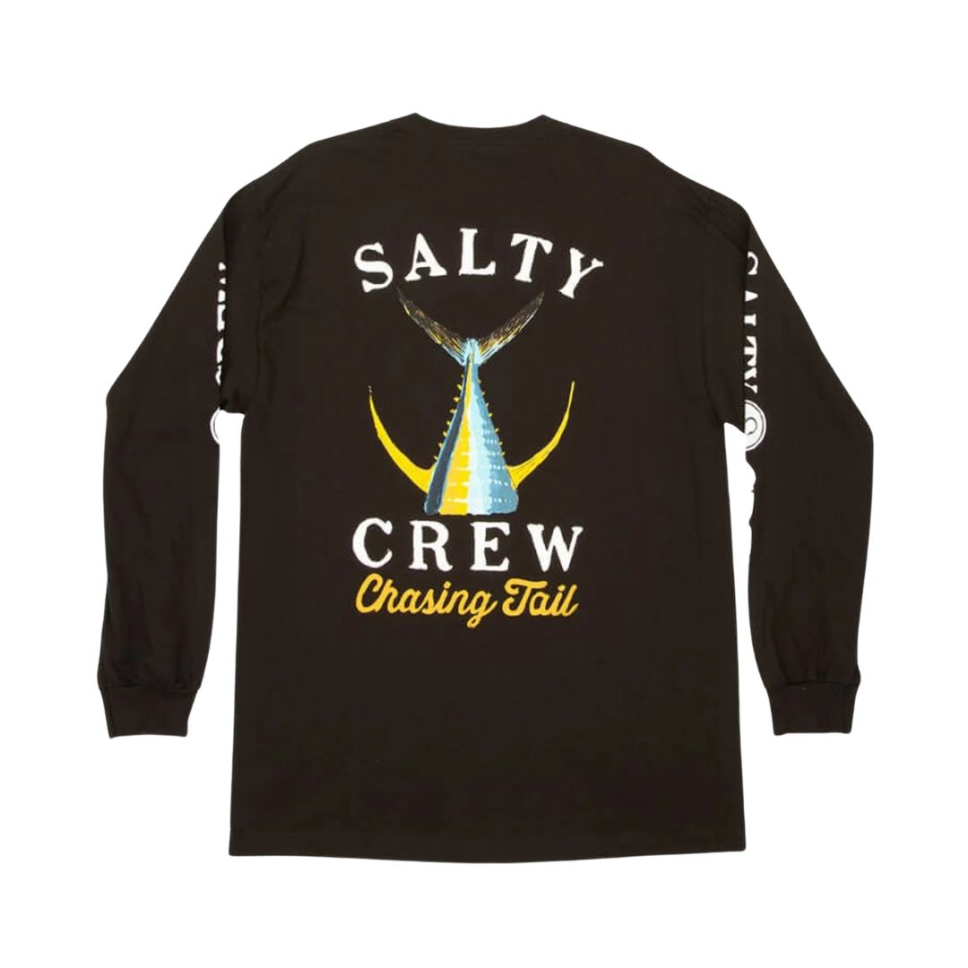 Camiseta de manga larga Salty Crew Tailed en negro, plano de producto de espaldas, con el marlín serigrafiado en el centro de la espalda y los textos Salty Crew en ambas mangas.