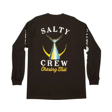 Camiseta de manga larga Salty Crew Tailed en negro, plano de producto de espaldas, con el marlín serigrafiado en el centro de la espalda y los textos Salty Crew en ambas mangas.