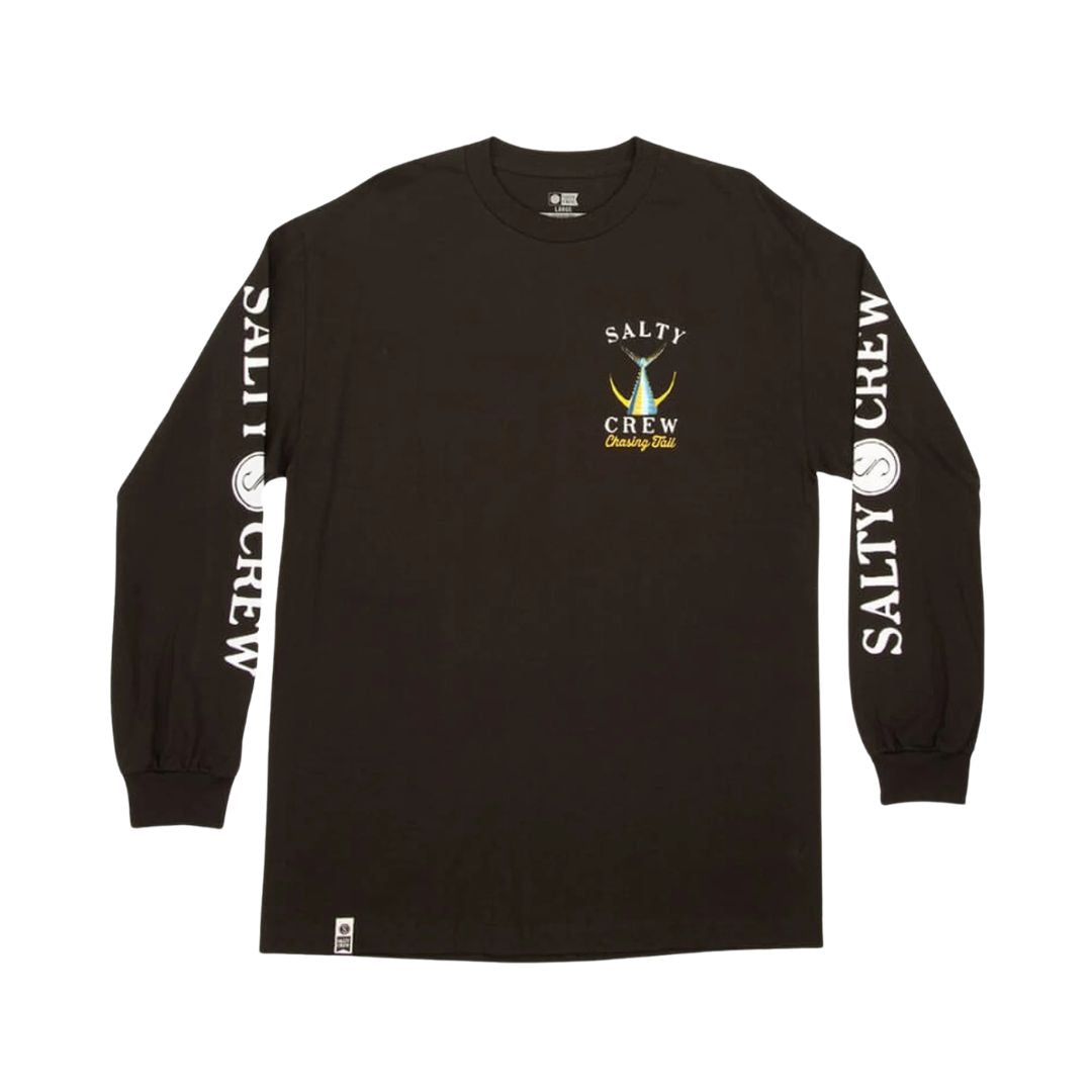 Camiseta de manga larga Salty Crew Tailed en negro, plano de producto de frente, con el gráfico del marlín en el pecho izquierdo y el logo Salty Crew serigrafiado en ambas mangas.