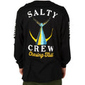 Modelo visto de espaldas con la camiseta de manga larga Salty Crew Tailed en negro, luciendo el estampado del marlín y el texto Chasing Tail en el centro de la espalda.