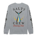 Camiseta de manga larga Salty Crew Tailed en gris, plano de producto de espaldas, con el marlín serigrafiado en la espalda y el texto Salty Crew impreso en ambas mangas.